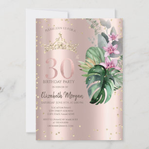 Invitación Flores Tropicales Diamantes Oro Rosa Cumpleaños 30