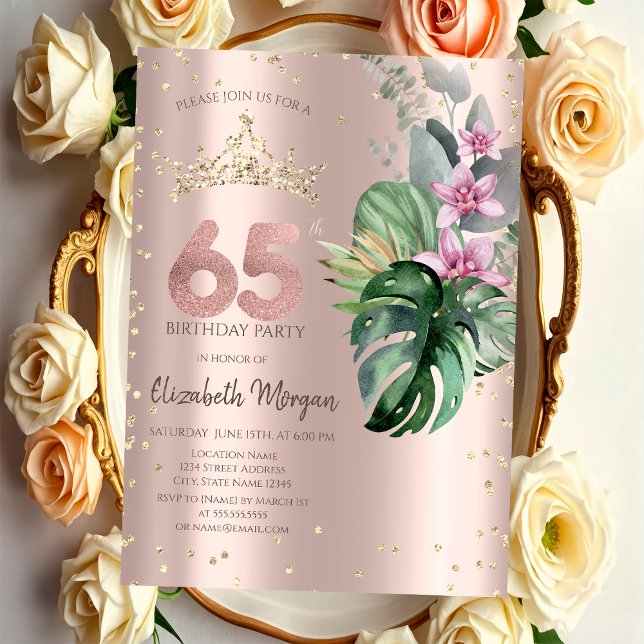 Invitación Flores Tropicales Diamantes Rosa Dorado 65 Cumplea (Subido por el creador)