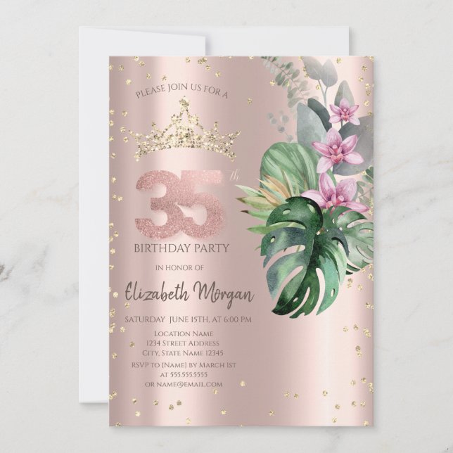Invitación Flores Tropicales Diamantes Rosa Dorado Cumpleaños (Anverso)
