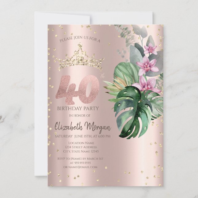 Invitación Flores Tropicales Diamantes Rosa Dorado Cumpleaños (Anverso)