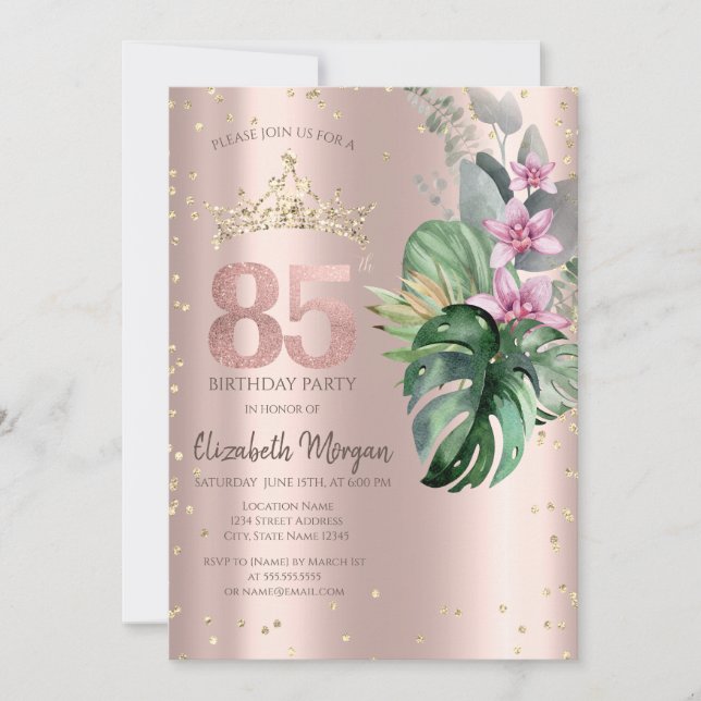 Invitación Flores Tropicales Diamantes Rosa Dorado Cumpleaños (Anverso)