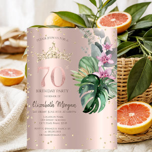 Invitación Flores Tropicales Diamantes Rosa Dorado Cumpleaños