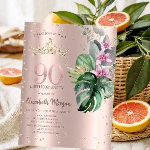 Invitación Flores Tropicales Diamantes Rosa Dorado Cumpleaños