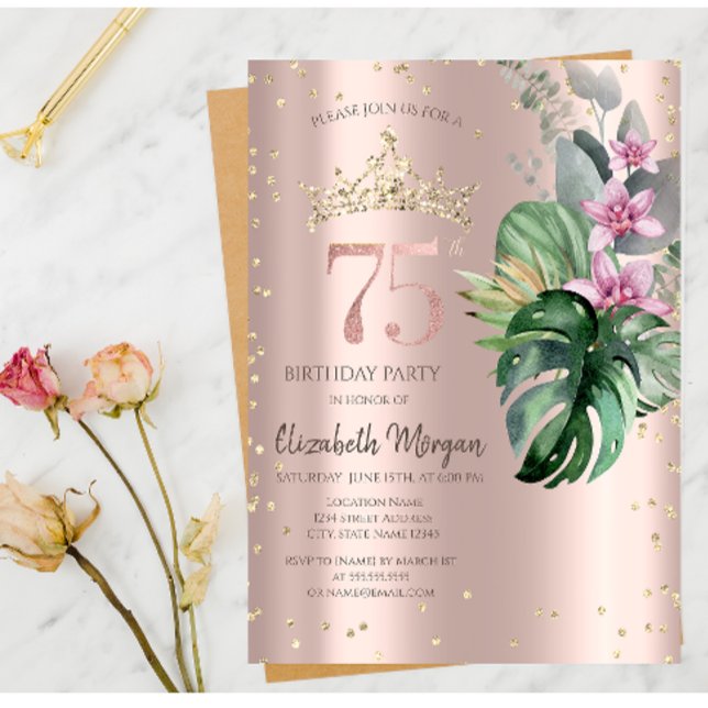 Invitación Flores Tropicales Diamantes Rosa Dorado Cumpleaños (Subido por el creador)
