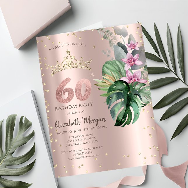 Invitación Flores Tropicales Diamantes Rosa Dorado Cumpleaños (Subido por el creador)