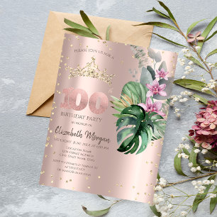 Invitación Flores Tropicales Diamantes Rosa Dorado Cumpleaños