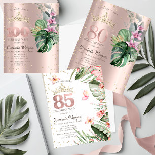 Invitación Flores Tropicales Diamantes Rosa Dorado Cumpleaños