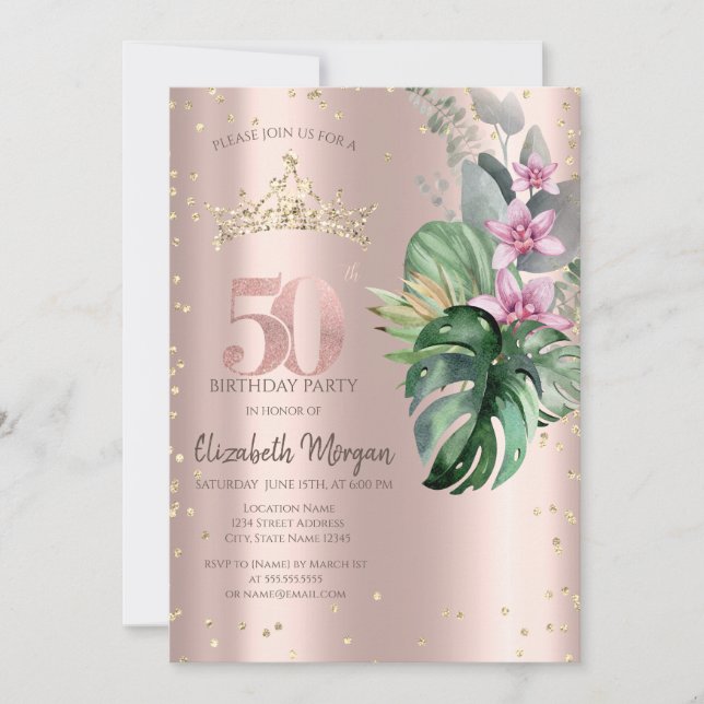 Invitación Flores Tropicales Diamantes Rosa Dorado Cumpleaños (Anverso)
