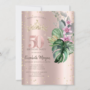 Invitación Flores Tropicales Diamantes Rosa Dorado Cumpleaños