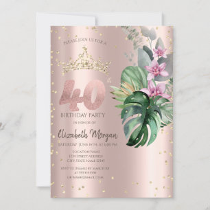 Invitación Flores tropicales Diamantes Rosa Oro 40 cumpleaños