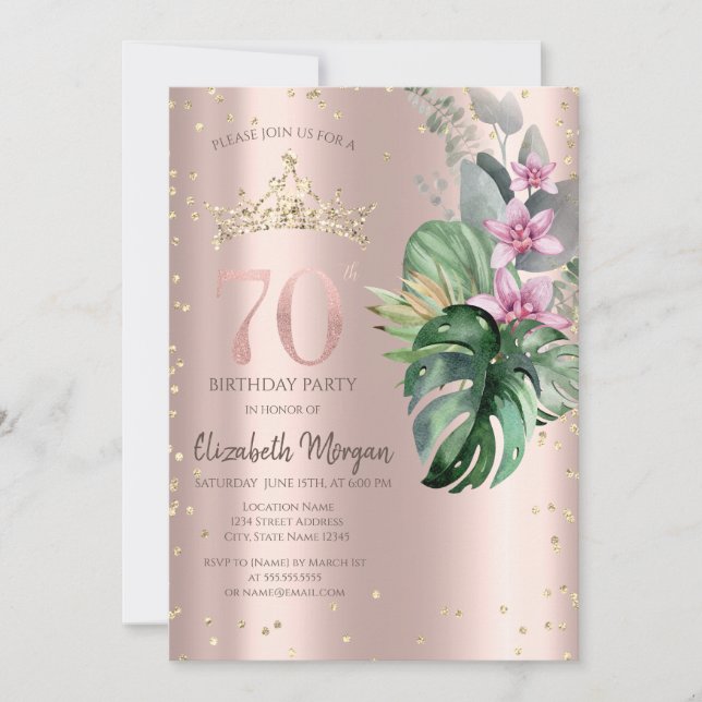 Invitación Flores tropicales Diamantes Rosa Oro 70 cumpleaños (Anverso)