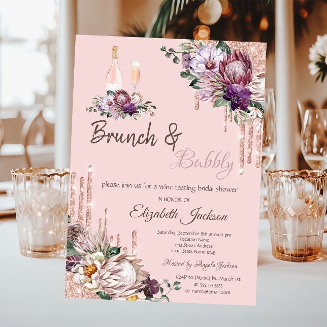 Invitación Flores Tropicales Drips Rosa Brunch y Burbujas (Subido por el creador)