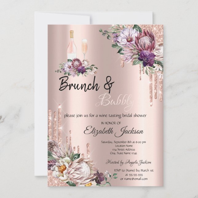 Invitación Flores Tropicales Drips Rosa Dorado Brunch y Burbu (Anverso)