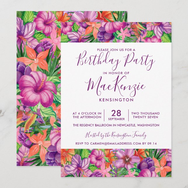 Invitación Flores Tropicales Elegantes Cada Año Cumpleaños (Anverso / Reverso)