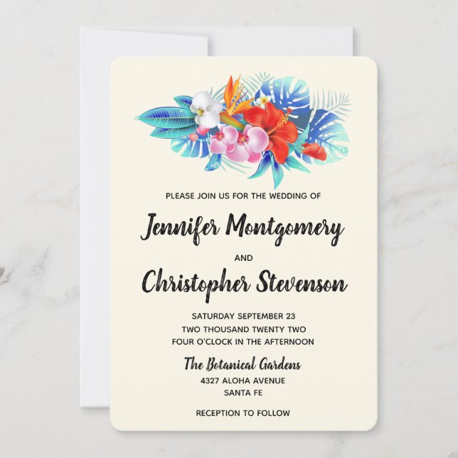 Invitación Flores Tropicales Exóticas - Boda Rosa y Acuática (Anverso)