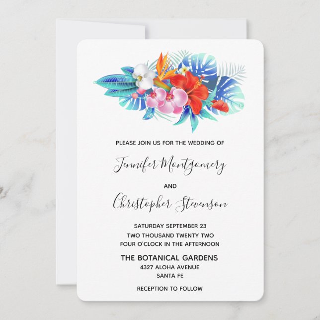Invitación Flores Tropicales Exóticas - Boda Rosa y Acuática (Anverso)
