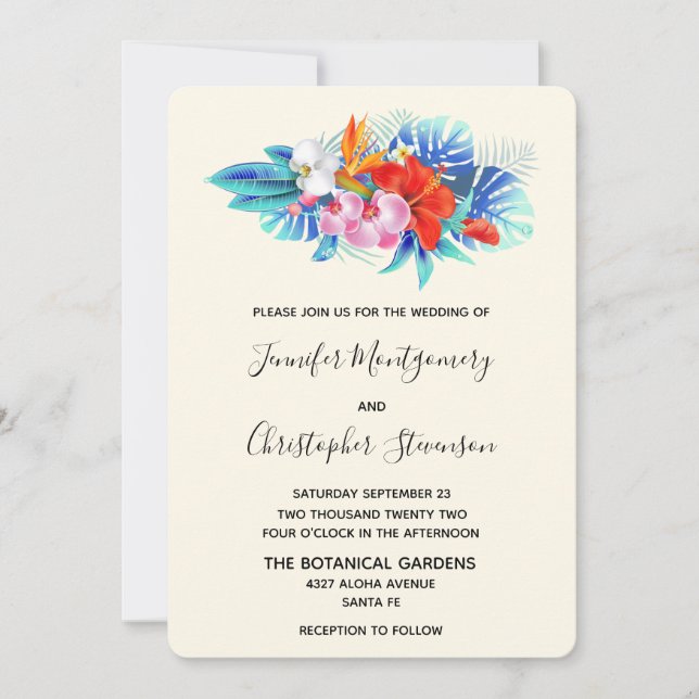 Invitación Flores tropicales exóticas - Boda Rosa y Aqua (Anverso)