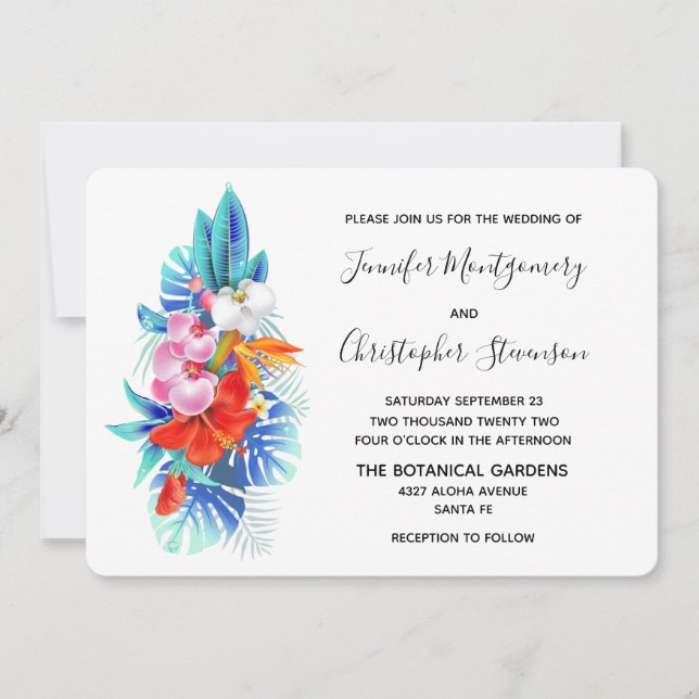 Invitación Flores tropicales exóticas - Boda Rosa y Aqua (Anverso)