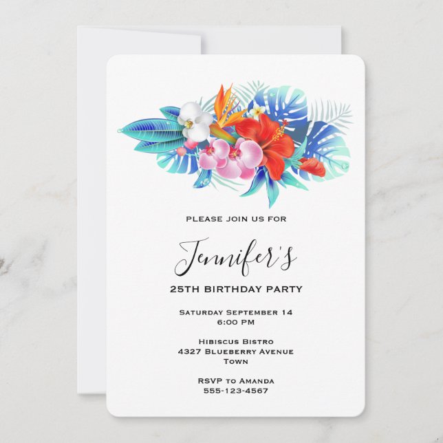 Invitación Flores Tropicales Exóticas - Cumpleaños Rosa y Acu (Anverso)