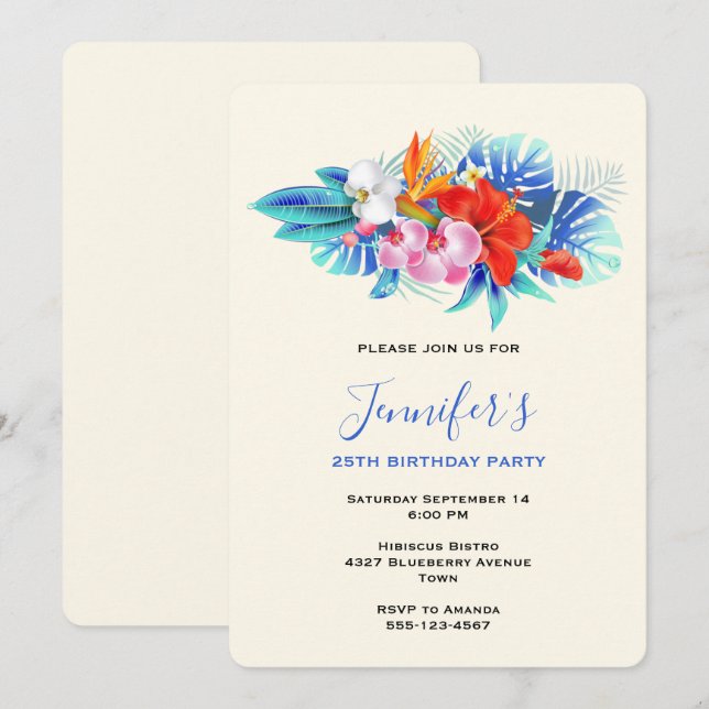Invitación Flores tropicales exóticas - Cumpleaños Rosa y Aqu (Anverso / Reverso)