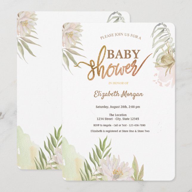 Invitación Flores tropicales exóticas dejan Baby Shower (Anverso / Reverso)