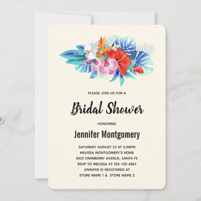Invitación Flores tropicales exóticas ducha de novias rosa y  (Anverso)