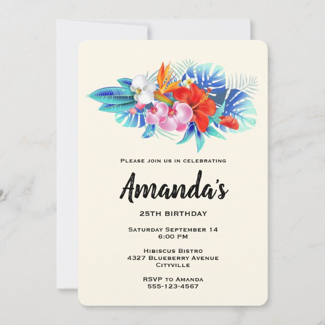 Invitación Flores tropicales exóticas en rosa y Aqua (Anverso)