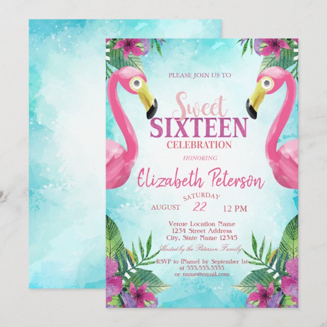 Invitación Flores Tropicales Flamencos Rosados Fiesta Dulces  (Anverso / Reverso)