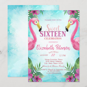 Invitación Flores Tropicales Flamencos Rosados Fiesta Dulces