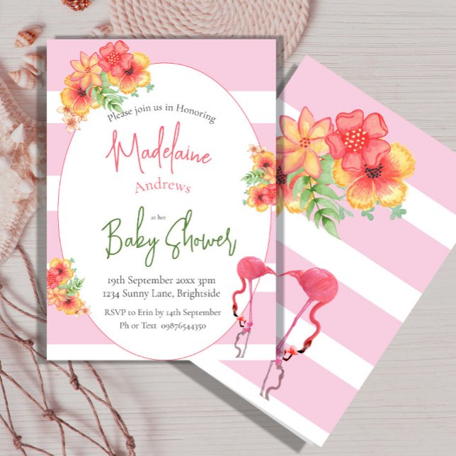 Invitación Flores tropicales Flamingo Baby Shower de banda ro (Subido por el creador)