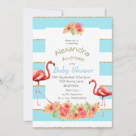 Invitación Flores tropicales Flamingo banda azul Baby Shower