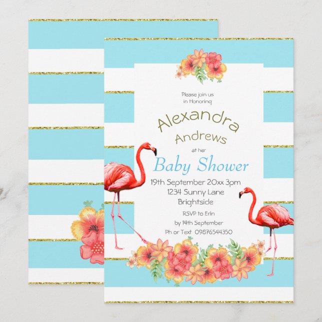 Invitación Flores tropicales Flamingo banda azul Baby Shower (Anverso / Reverso)
