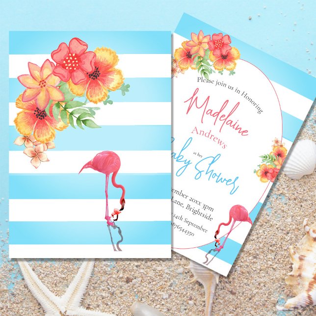 Invitación Flores tropicales Flamingo banda azul Baby Shower (Subido por el creador)