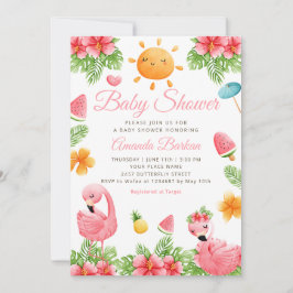 Invitación Flores tropicales Flamingo Beach Chica Baby Shower