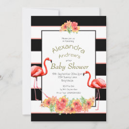 Invitación Flores tropicales Flamingo Black Stripe Baby Showe