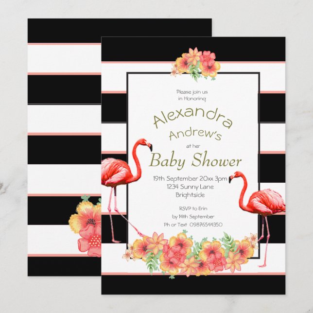 Invitación Flores tropicales Flamingo Black Stripe Baby Showe (Anverso / Reverso)