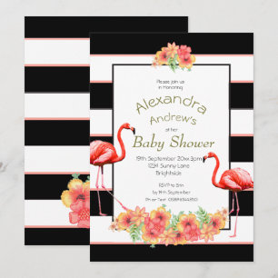 Invitación Flores tropicales Flamingo Black Stripe Baby Showe