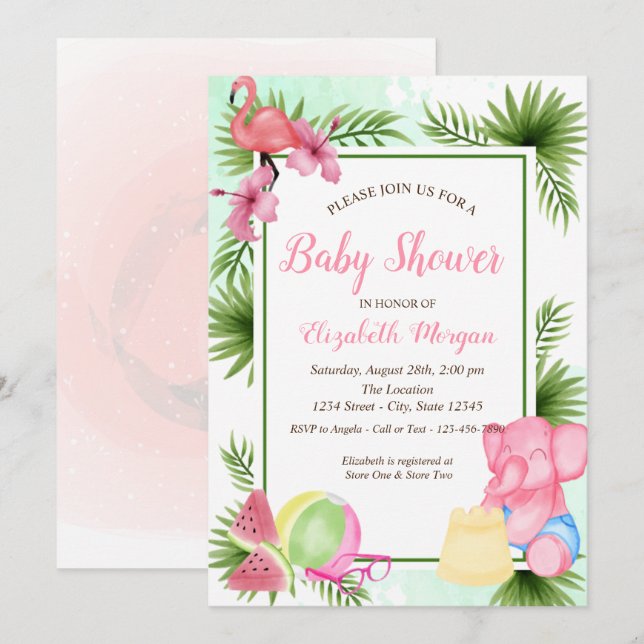 Invitación Flores tropicales Flamingo, elefante Baby Shower (Anverso / Reverso)