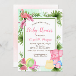 Invitación Flores tropicales Flamingo, elefante Baby Shower