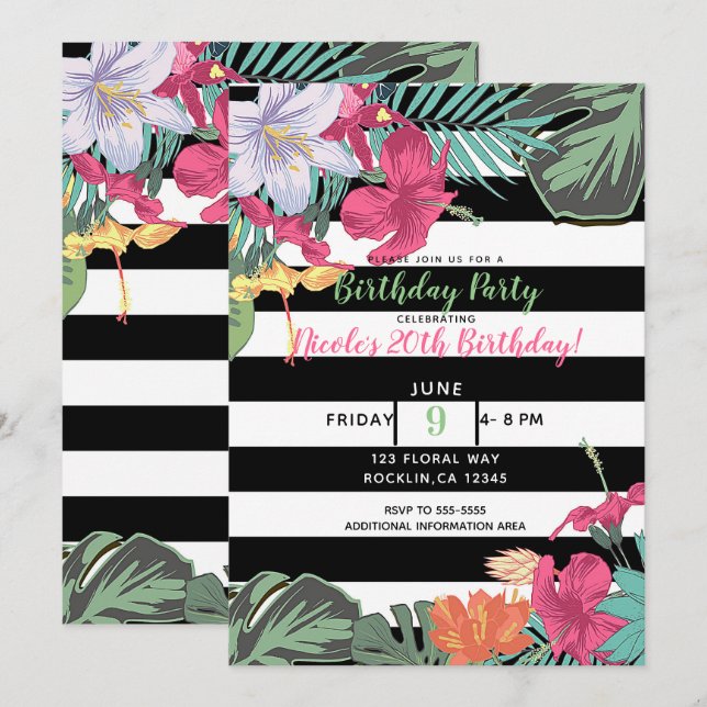 Invitación Flores tropicales florales dejan franjas blancas n (Anverso / Reverso)