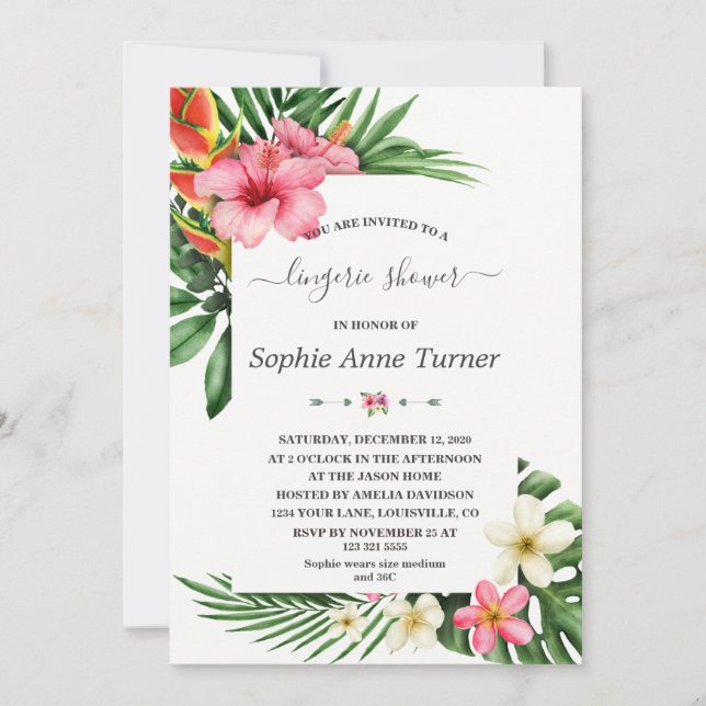 Invitación Flores tropicales florecen caligrafía ducha de len (Anverso)