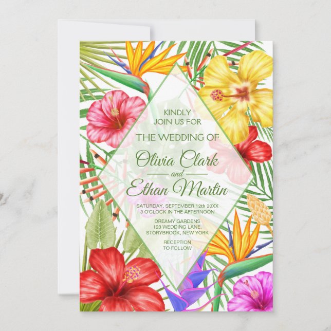 Invitación Flores tropicales geométricas (Anverso)