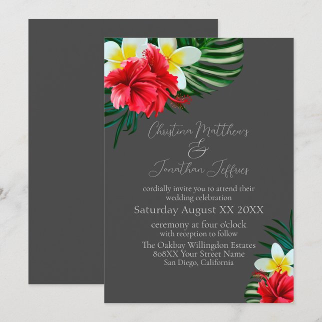 Invitación Flores tropicales hawaianas en gris elegante (Anverso / Reverso)