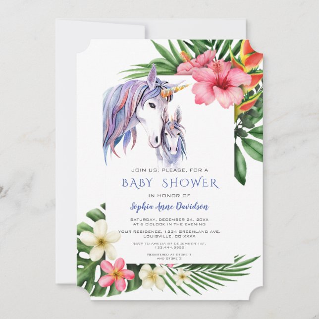 Invitación Flores tropicales hawaianas Unicorn Boy Baby Showe (Anverso)