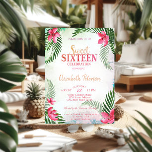 Invitación Flores Tropicales Hojas de Palma Fiesta Dulces 16 