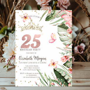 Invitación Flores Tropicales Hojas Diamantes Cumpleaños 25