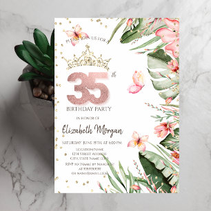 Invitación Flores Tropicales Hojas Diamantes Cumpleaños 35