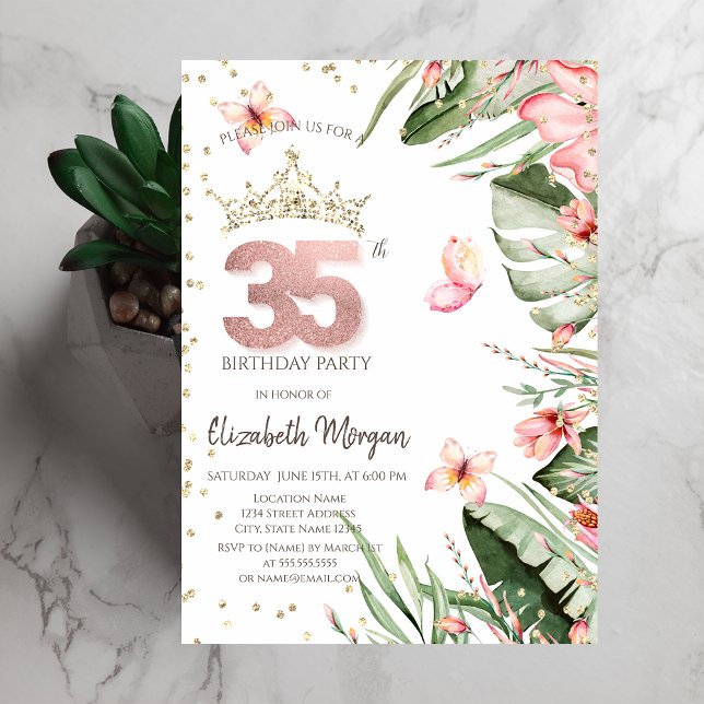 Invitación Flores Tropicales Hojas Diamantes Cumpleaños 35 (Subido por el creador)