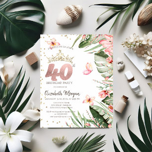 Invitación Flores Tropicales Hojas Diamantes Cumpleaños 40