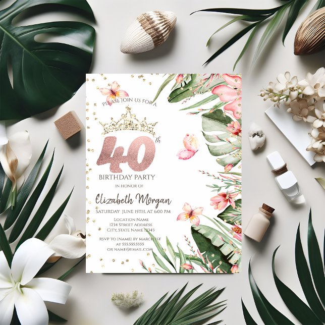 Invitación Flores Tropicales Hojas Diamantes Cumpleaños 40 (Subido por el creador)